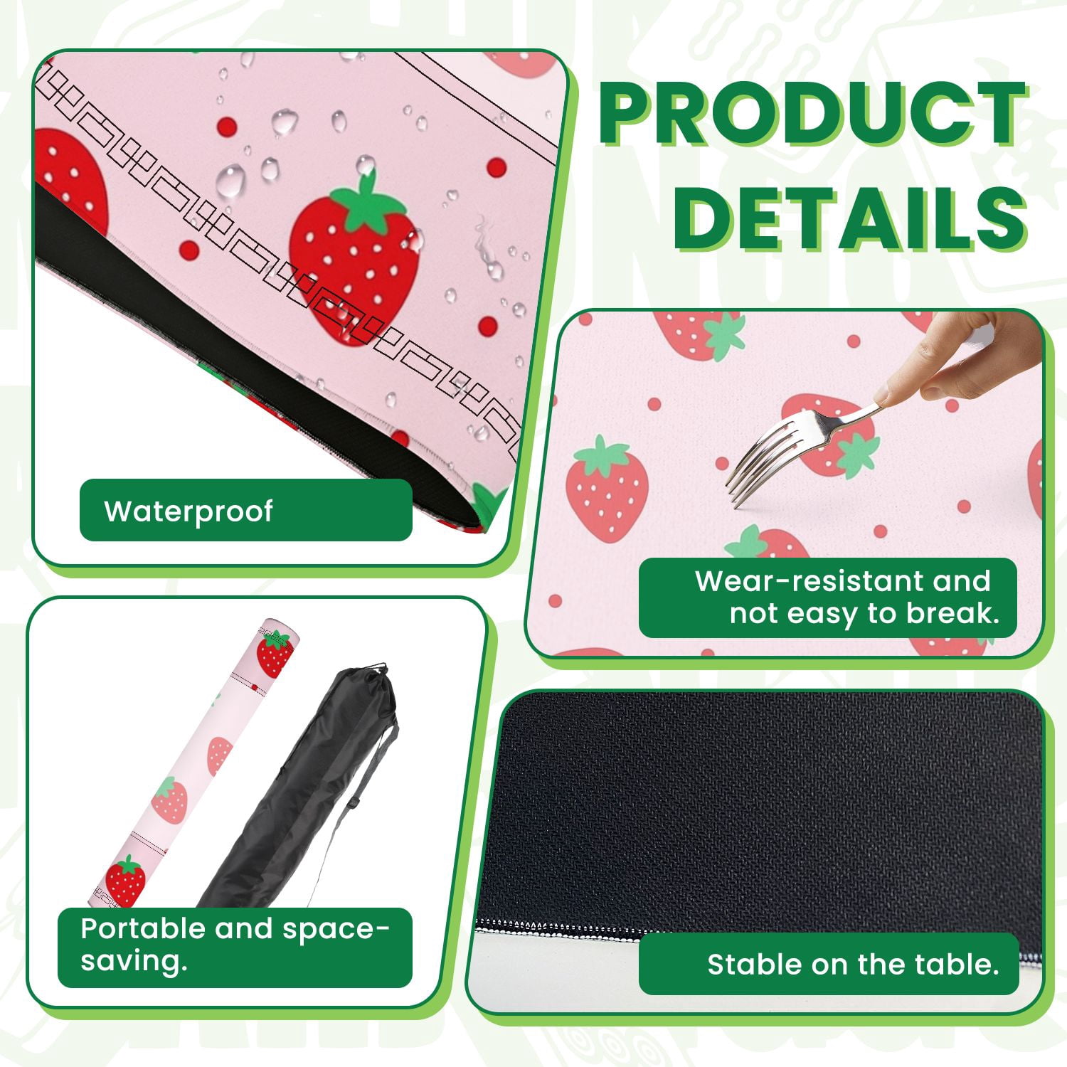 Mahjong Mat 31.5" x 31.5" Cute Strawberry Red Berries Green Leaves Pink Non-Slip Noise Reduction American Mahjong Tiles Table Cover for Dominoes Poker Card Board Games Gift