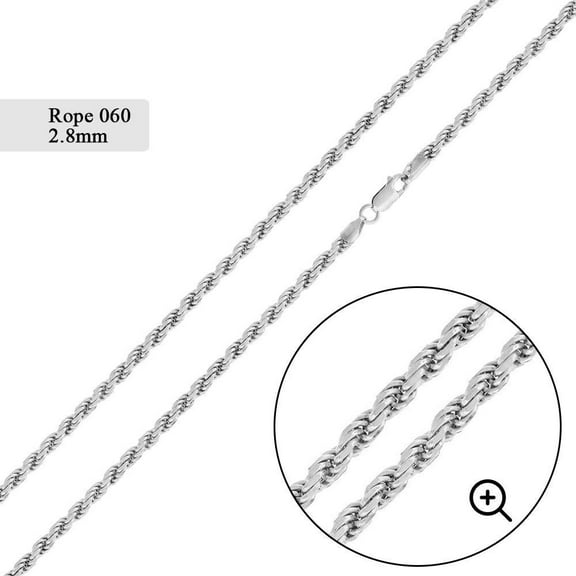 Sterling Silver 925 High Polished DC Rope 060 Chain 2.8mm Made in Italy 16" Jewelry Female Unisex