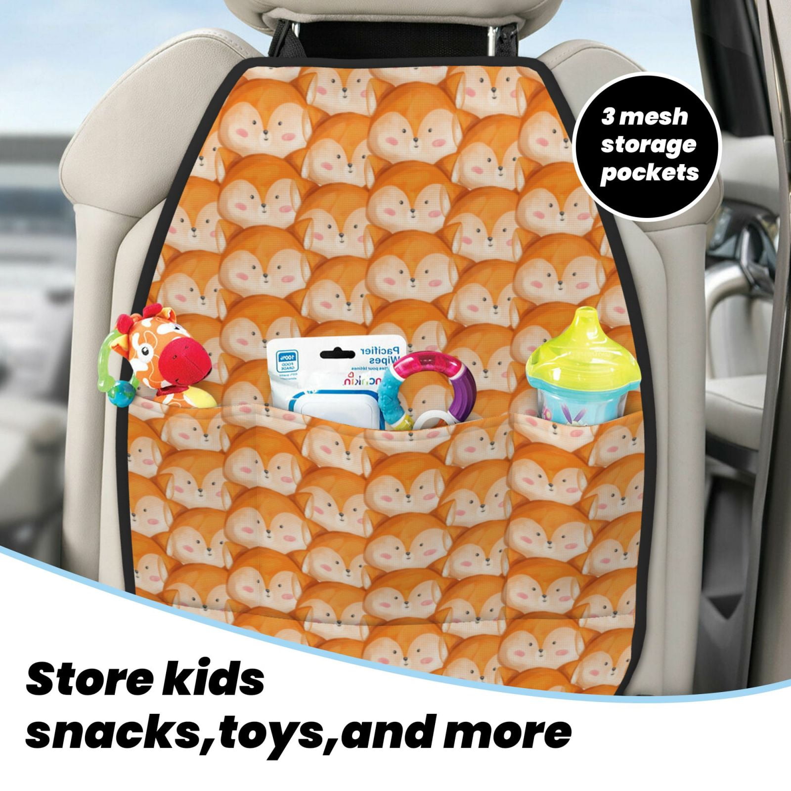 Kdxio Cute Fox Faces Pattern Print 2 Pack Car Kick Mat Seat Cover Back Protector Mat with Pockets for Organizer Backseat Protector and Storage Anti Kick Pad for Vehicles