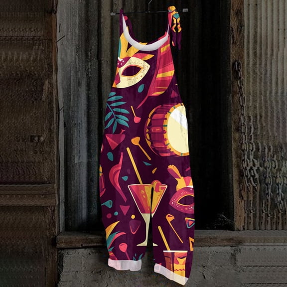 Women Mardi Gras Overalls Wide Leg Romper Pants Carnival Mask Graphic Printed One Piece Rompers Long Parada Mardi Rompers with Pockets