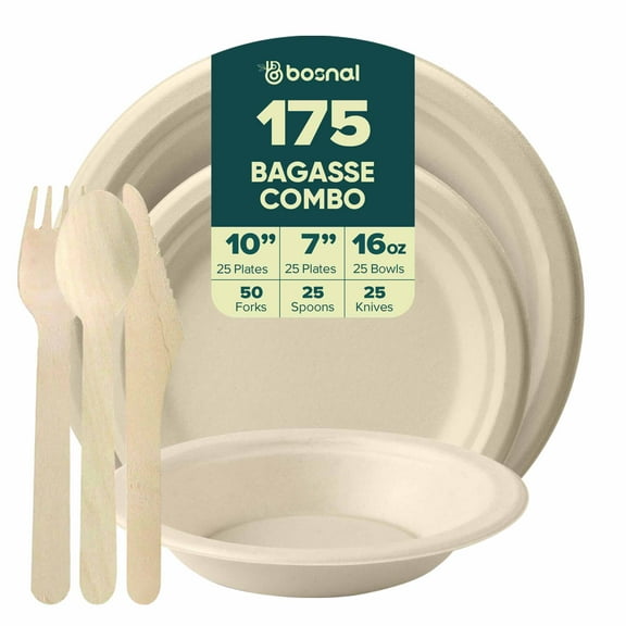 BOSNAL 10 Inch & 7 Inch Round Bagasse Plates, 16 Oz Bowls with Cutlery – Compostable, Biodegradable & Eco-Friendly Disposable Meal Set for Parties, Catering & Events