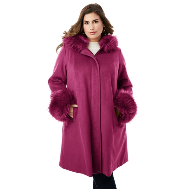 Jessica London Women S Plus Size Hooded Faux Fur Trim Coat Winter Wool Swing 12 W Berry Twist Pink Com Winter Wool Hooded Swing Coat, Fur Hooded Swing Coat