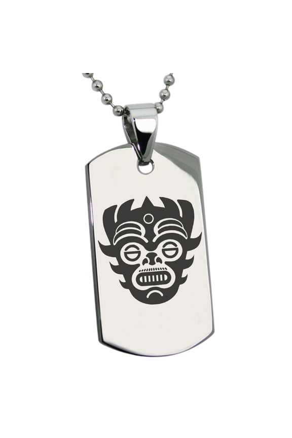 Stainless Steel Aztec Warrior Mask Rune Engraved Dog Tag Pendant Necklace