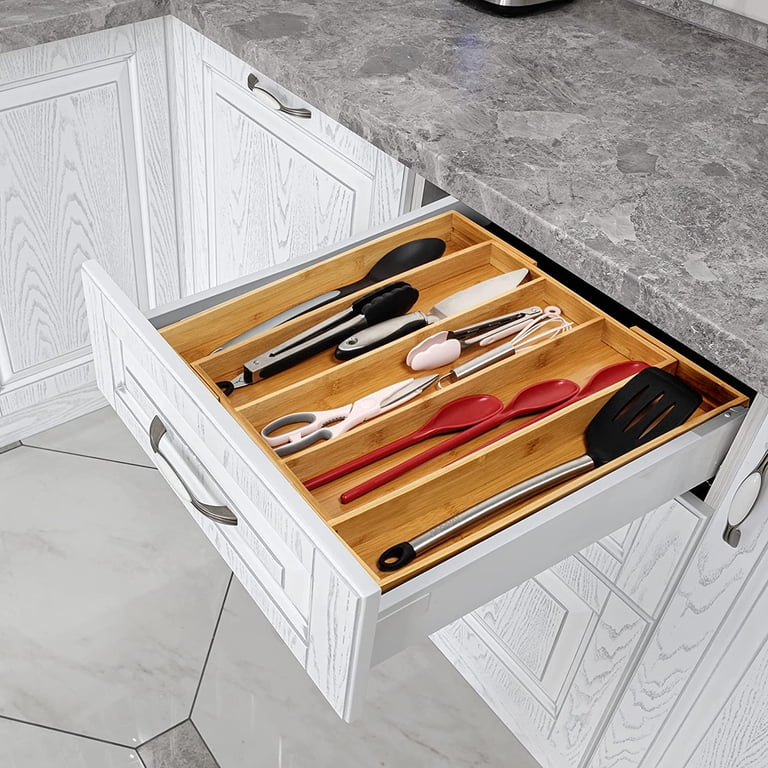 Bamboo Expandable Drawer Organizer, 2 Pack - Adjustable Silverware & Utensil Tray, 7-9 Slots (Natural)