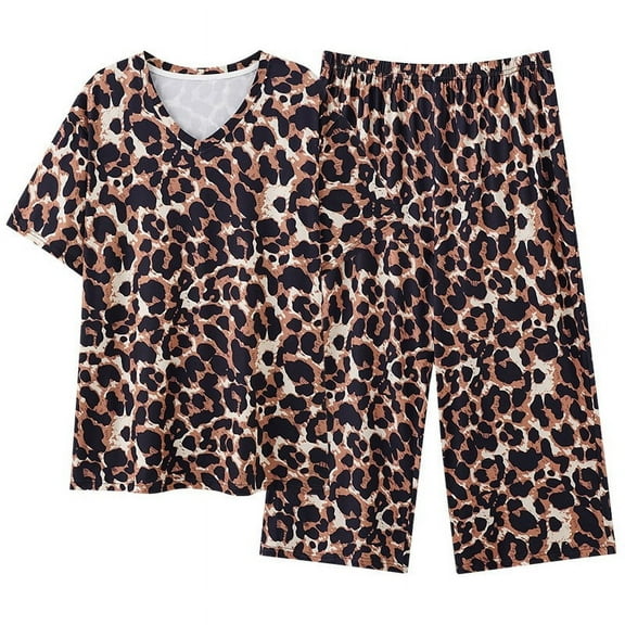 SJLDQY Women's Pajamas Set 2 Peice Pjs Set for Women Leopard Plus Size Sleeveless Pajama Tops Shorts Soft Comfy Homewear Sleepwear Outfits