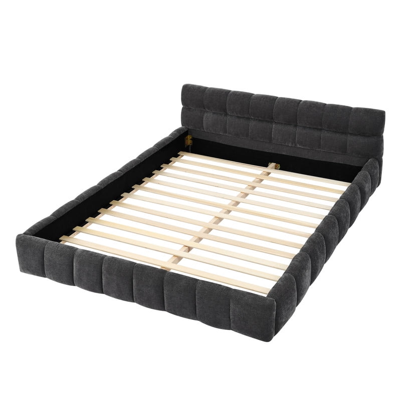 Queen Size Upholstered Platform Bed with Thick Fabric, Chenille Grounded Bed with Headboard and Solid Frame, No Box Spring Needed