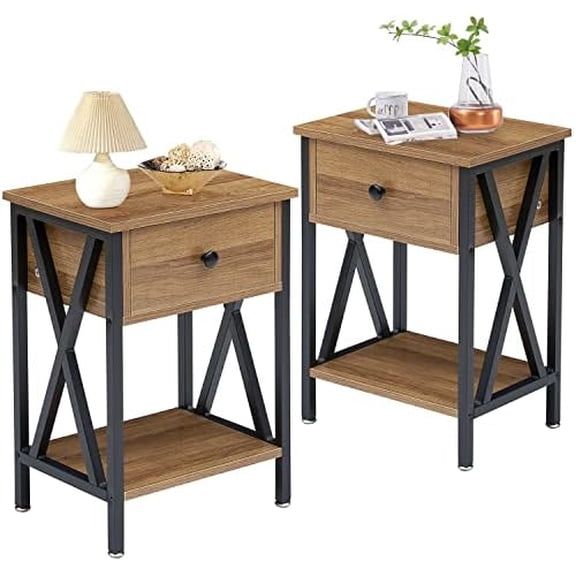 Nightstands Set of 2, Modern Bedside End Tables, Night Stands with Drawer and Storage Shelf for Living Room Bedroom, Industrial Metal Frame