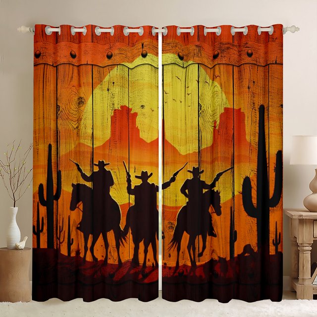 Cowboy Window Drapes Block 30%-50% Light,Western Country Style Kitchen Window Treatments 42Wx63L Inches,Sunset Landscape Decor Window Curtains