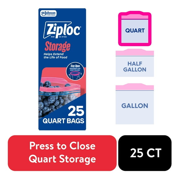 Ziploc Brand Food Storage Bags, School Supplies, with Grip 'n Seal Technology, Zipper, Quart, 25 Count