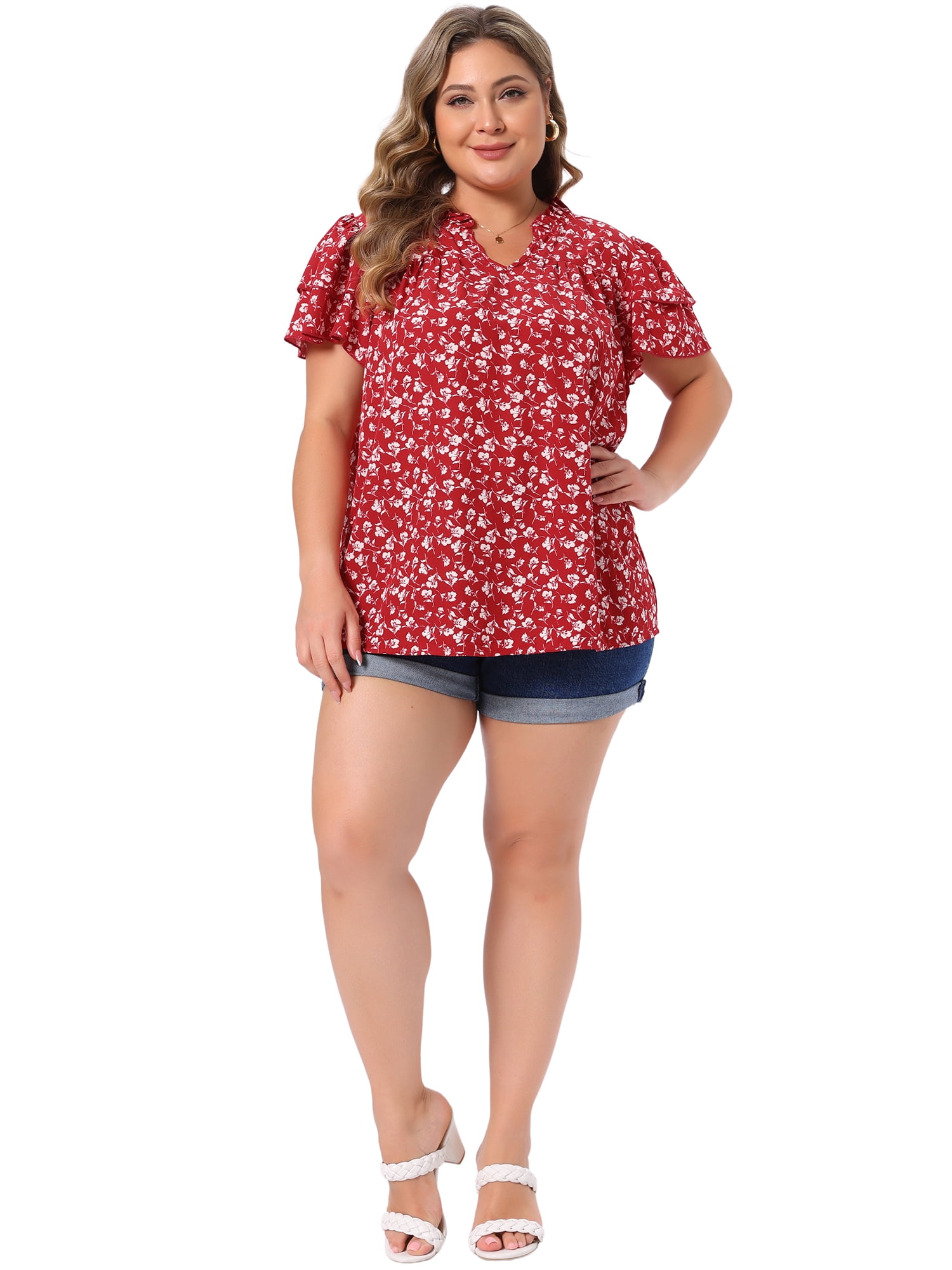 DARING DIVA Women's Plus Summer Ruffle V Neck Double Short Tops 1X Red