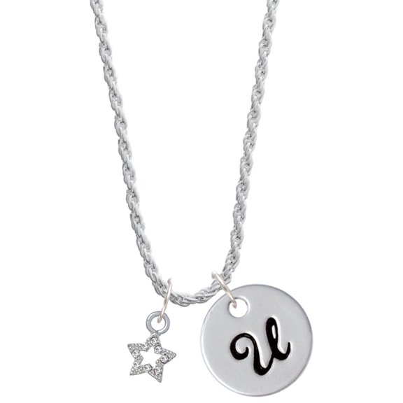 Delight Jewelry Silvertone Mini Clear Crystal Star Silvertone Script Initial Disc - U - Charm Necklace, 20" 3"