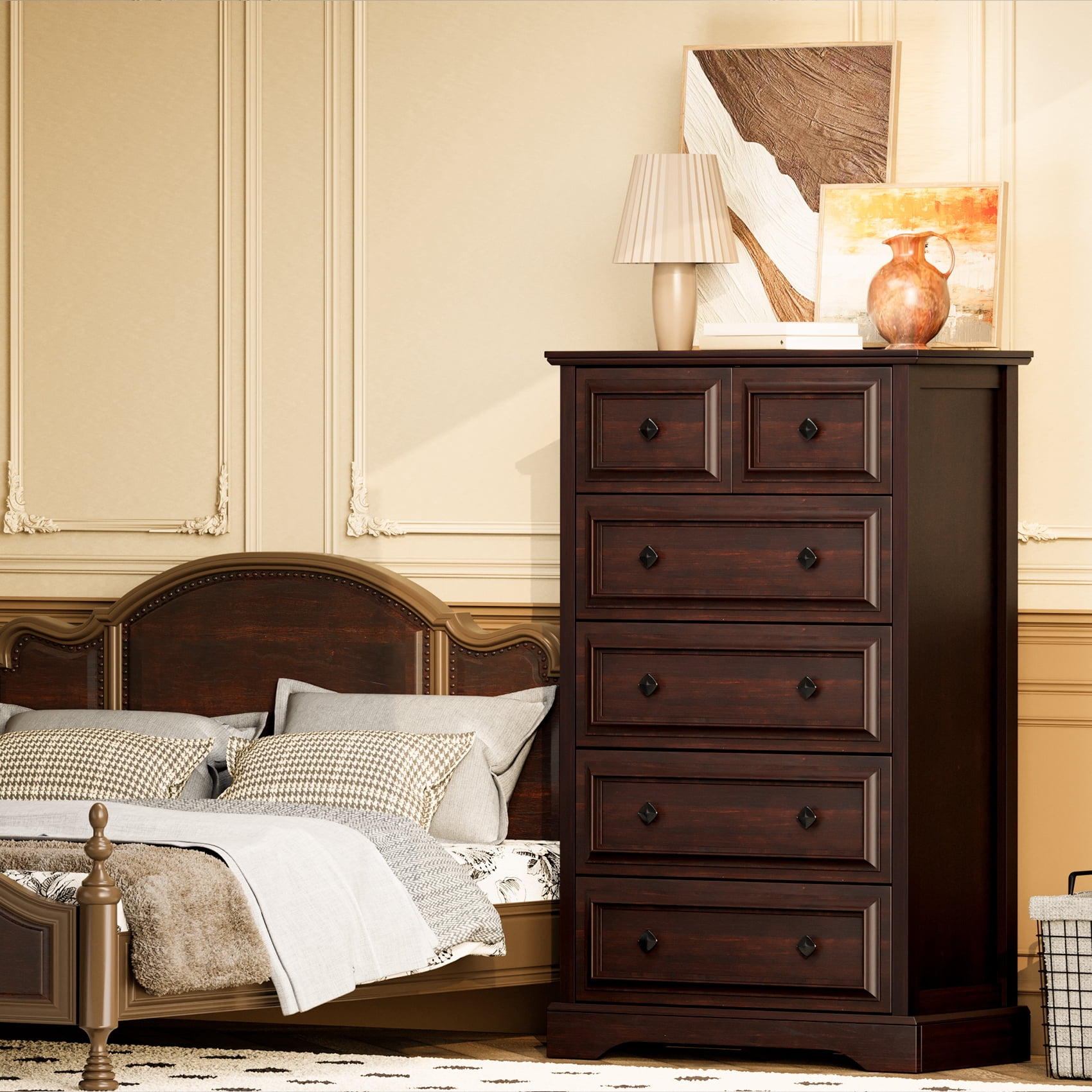 Winkalon 6 Drawer Tall Dresser, 48"H Chest of Drawers, Wooden Storage Cabinet for Bedroom, Cherry