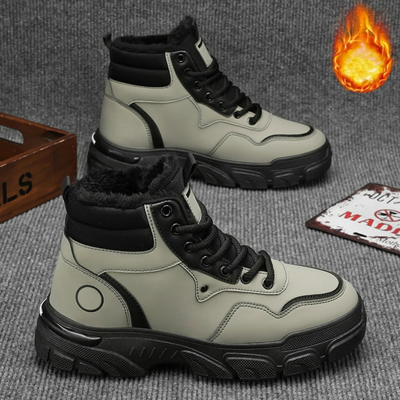 XIMIN Men's Lightweight Warm Hiking Boots High Top Fashion Sneakers Casual Athletic Walking Shoes Chunky Sneakers Waterproof Fur Lined Lace-Up Non-Slip Hiking Boots