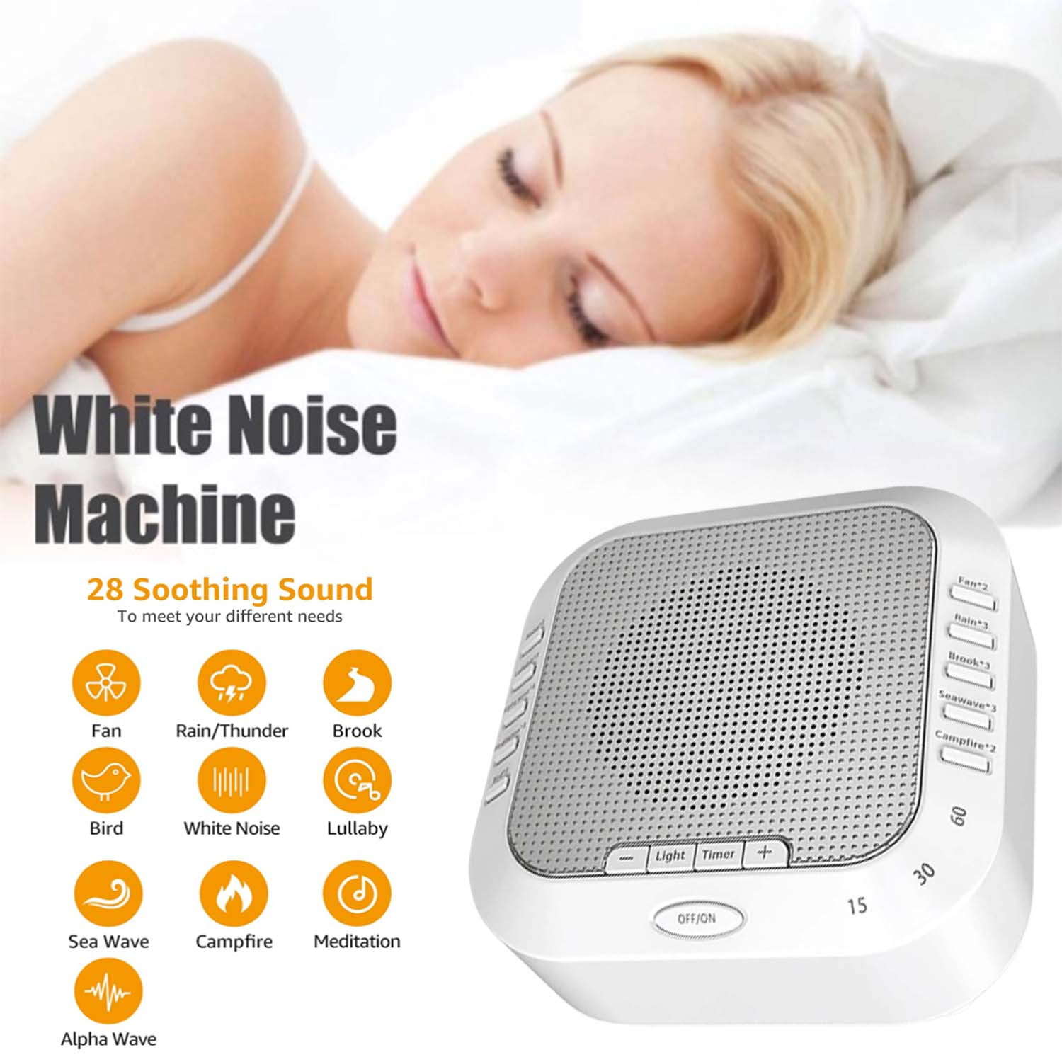 White Noise Machine with 28 Soothing Sounds, with Sleep Timer, Timing Functions, Kids Adults