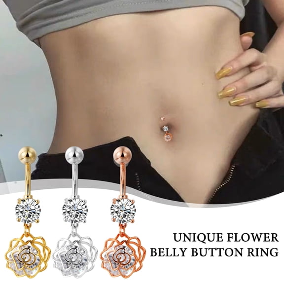 SmartBy Belly Button Rings Stainless Steel Hollow Flower Dangle Body Piercing Jewelry Rhinestone Navel Ring for Women