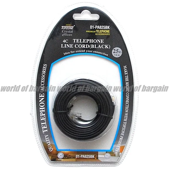25 Ft Telephone Modular Phone Line Cord Black Rj11 Extension 6P4C Wire Cable E52