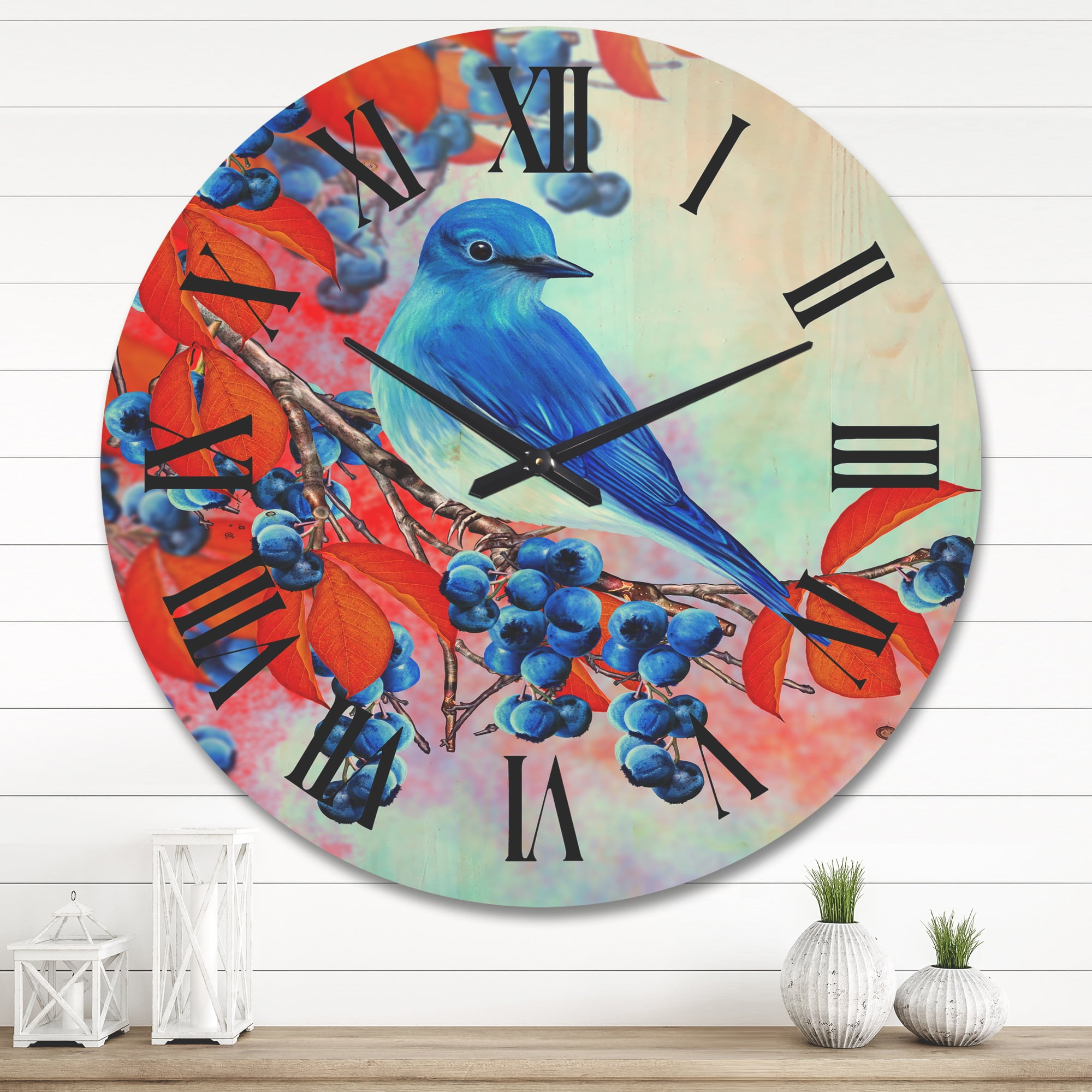 Designart 'Bright Bird Bullfinch Sitting On A Branch of Berries III' Traditional Wood Wall Clock