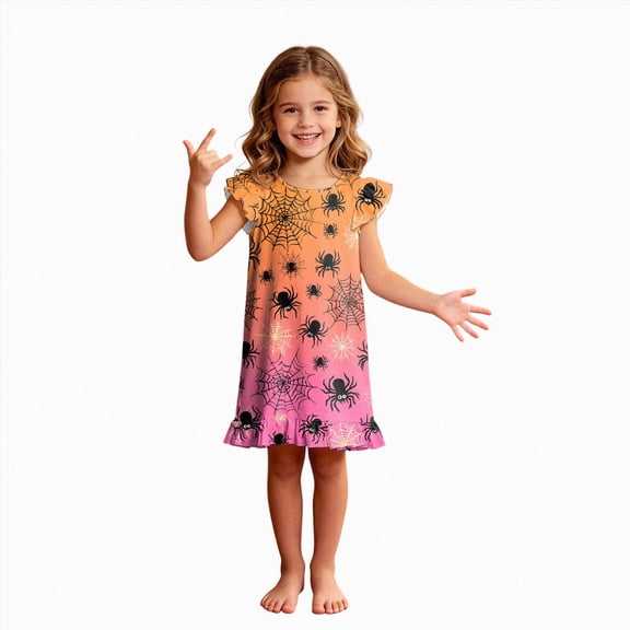NOLDARES Girls Nightgowns Halloween Spider Print Sleepwear Night Sleep Dress Pajamas Little Kids Toddler Soft Nightgown(N207-Yellow)