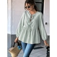 thumbnail image 5 of Womens Lace Up Tie Font Y2k Tops Puff Sleeve V Neck Blouse Loose Fit Summer Cute Clothes Light Green XL, 5 of 6