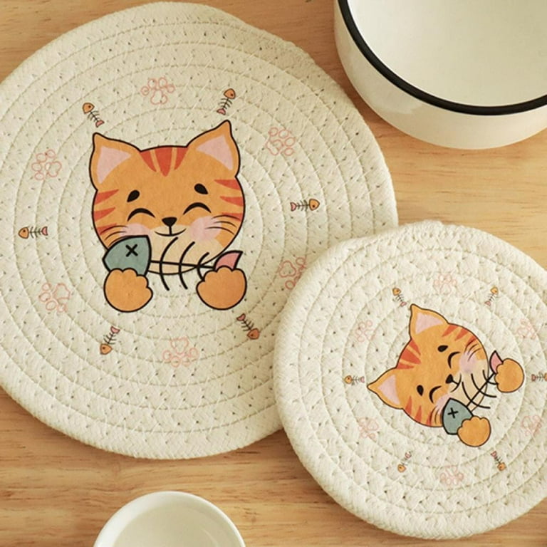 Japanese Round Braided Placemats Cute Cat Kitty Print Dinner Table Mat Waterproof Heat Resistant Washable Kids Dining Desk Decor