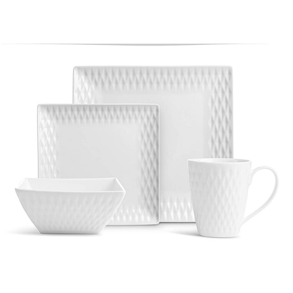 32 Pc. Square Diamand Porcelain Dishes Set White Dinner Plates, Bowls