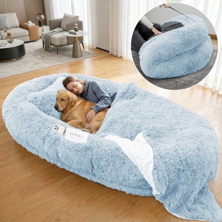 78 x 51 x 12inches Human Dog Bed Fits Adult 10 CM Thick Memory Foam Washable Oversize Dog Bed with Plump Pillow and Blanket and Strap（Blue)