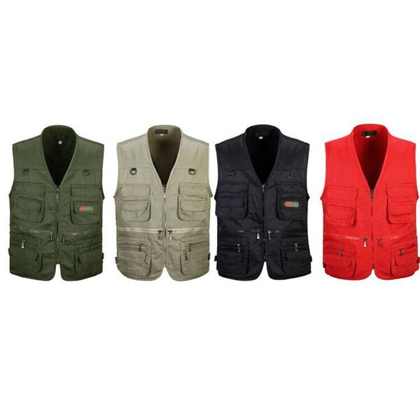 Men's Utility Multi Pocket Zip Jacket Multi Pocket Waistcoat Hunting Fishing  Travel Outdoor Vest Red XXL 