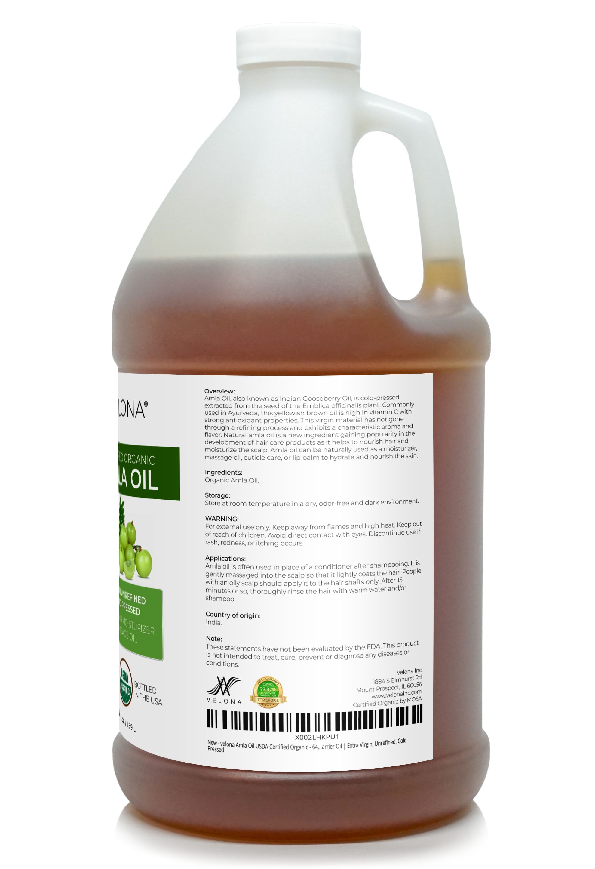 velona Amla Oil USDA Certified Organic - 64 Fl Oz | 100% Pure and Natural Carrier Oil | Extra Virgin, Unrefined, Cold Pressed | Body, Face & Skin Care