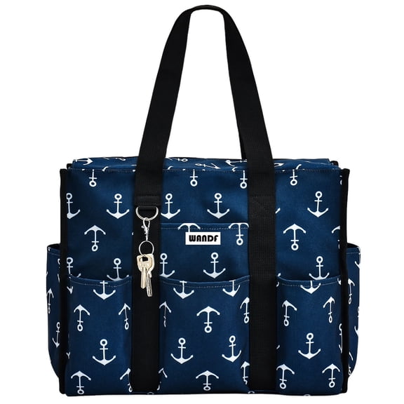 WANDF Tote Bag for Women with Zipper,Large Work Totes Laptop Bag with Multi-Pockets for College,Teacher,Nuser,Doctor,Durable Tote Bag for Travel,Beach,Gym(Blue Anchor)