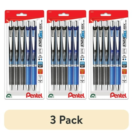 (3 pack) Pentel EnerGel RTX Liquid Ink Gel Pens, 0.5mm Fine Point, Black and Blue Ink Colors, Pack of 5 Pens