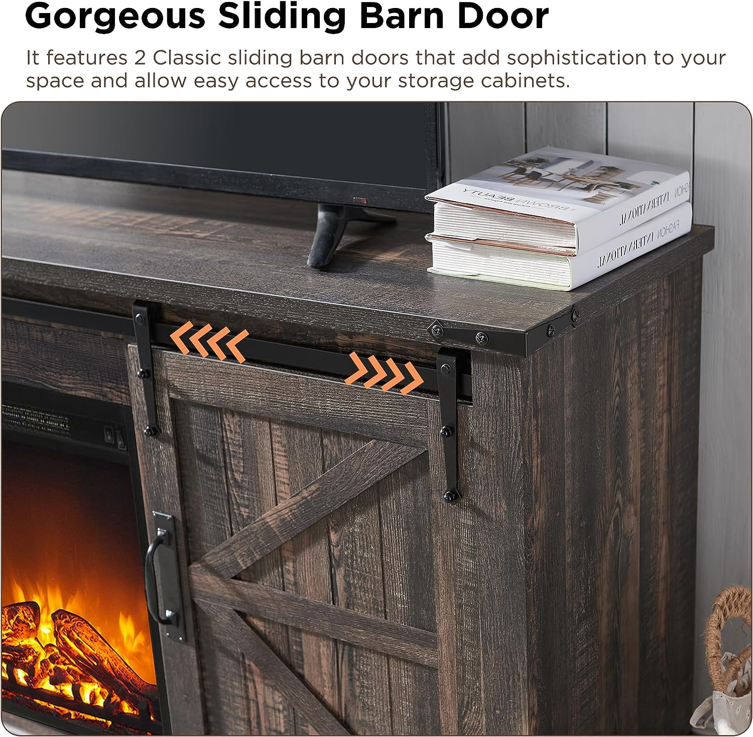 OKD Farmhouse Electric Fireplace TV Stand for TVs up to 65", Entertainment Center with Fireplace, Dark Rustic Oak