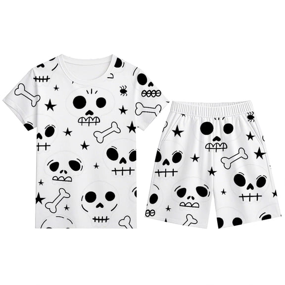 Tisuna Boys Halloween Diy Pajama Set Graphic Print Short Sleeve Round Neck Shorts Sleepwear Outfit Lightweight Casual Loungewear For Kids 2-12 Years White Size 3-4 Years