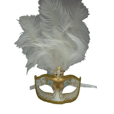 White Gold Venetian Feather Mask Masquerade Mardi Gras 12