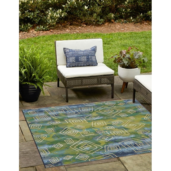Unique Loom Outdoor Modern Collection Area Rug - Vortex (6' 1" Square Blue/Beige)