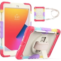 Timoom iPad 9th Generation Case iPad 8th/7th Generation Case with Screen Protector Pencil Holder 360 Stand Hand Strap Kids Shockproof Heavy Duty Rugged Cover for iPad 10.2 2021/2020/2019,Rainbow Red