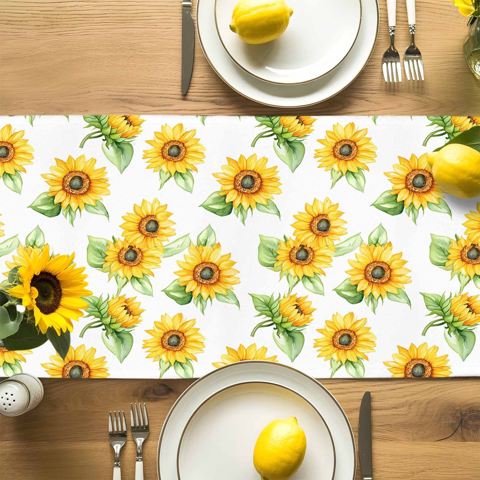 Yellow Sunflower Farm Green Plant Table Runner 90 Inches Long, Summer Blossom Floral Table Runners Tabletop Scarf Kitchen Dining Tables Decoration for Home Party Indoor Outdoor