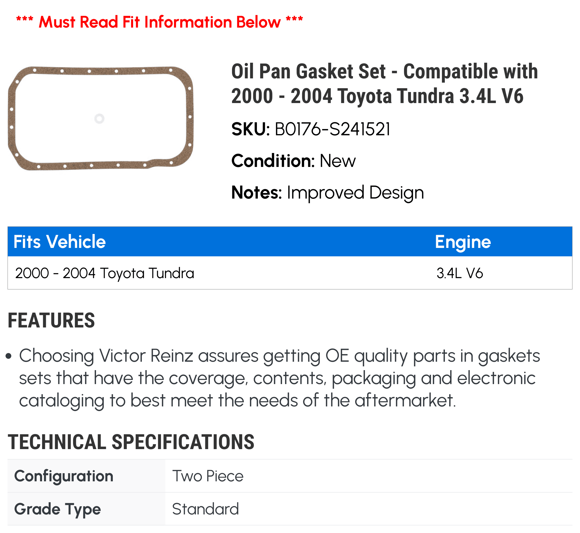 Oil Pan Gasket Set - Compatible with 2000 - 2004 Toyota Tundra 3.4L V6 2001 2002 2003