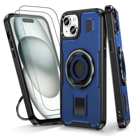 Hotpom for iPhone 15 Case with 2 Pack Screen Protector, Double Ring Kickstand, Heavy Duty Shockproof Drop Protection and Rugged Anti-Scratch Phone Cover, Blue