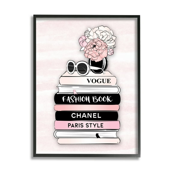 Stupell Industries Pink Fashion Bookstack Beauty & Fashion Painting Black Framed Art Print Wall Art, 11 x 14