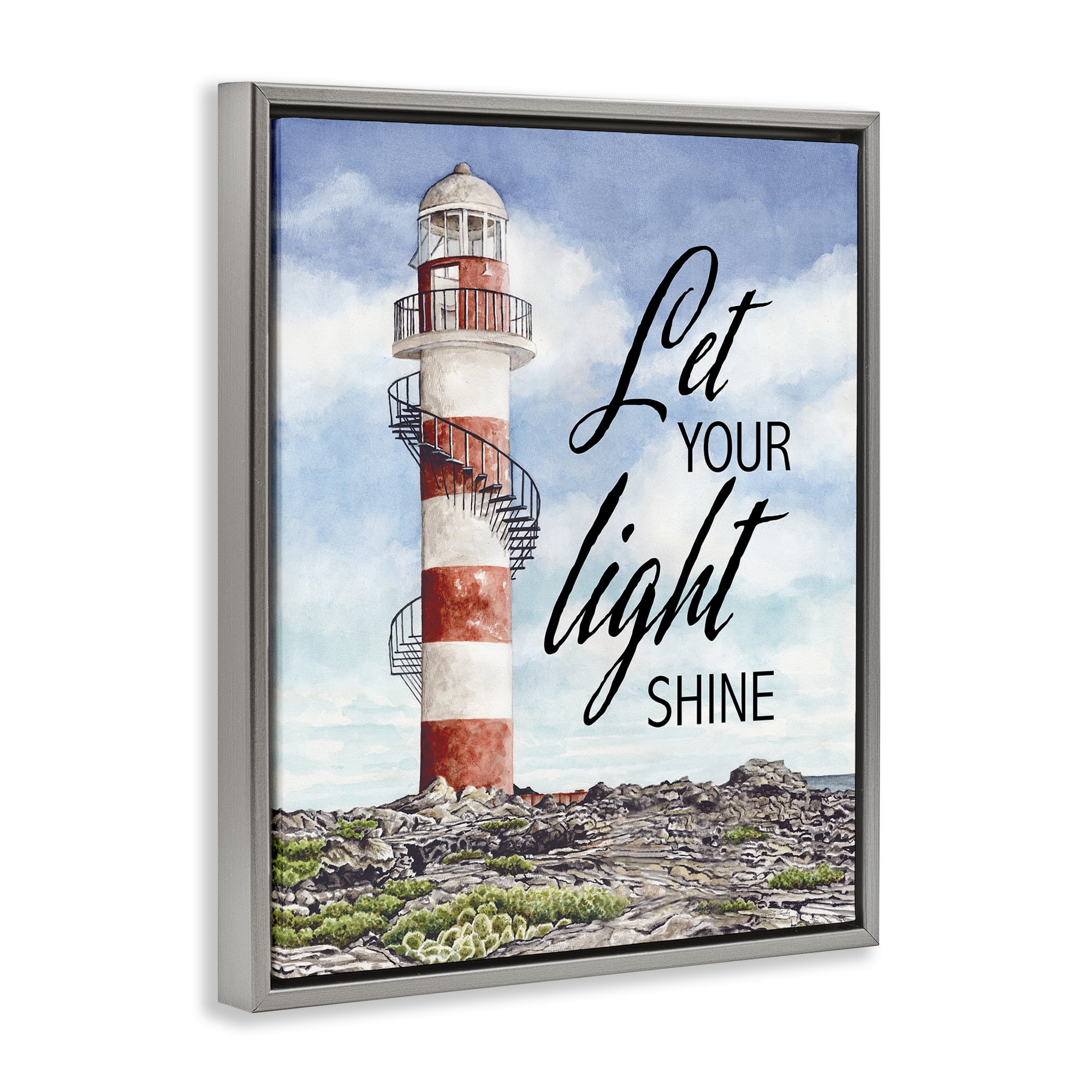 Stupell Industries Let Your Light Shine Beacon Gray Framed Floater Canvas Wall Art, design by Cindy Jacobs
