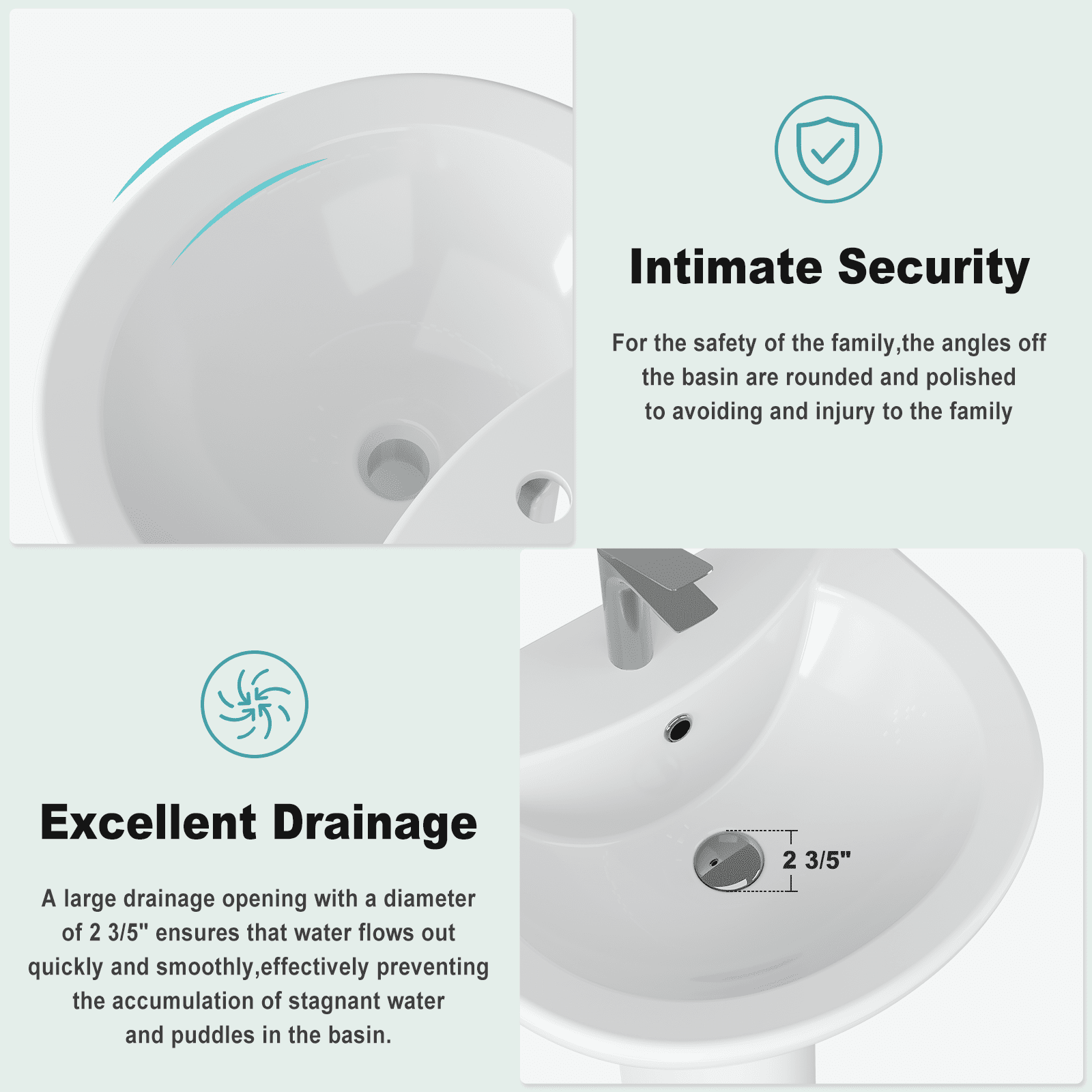 Luku Pedestal Sink Bathroom Pedestal Sink Modern U-Shape Ceramic Pedestal Sink White