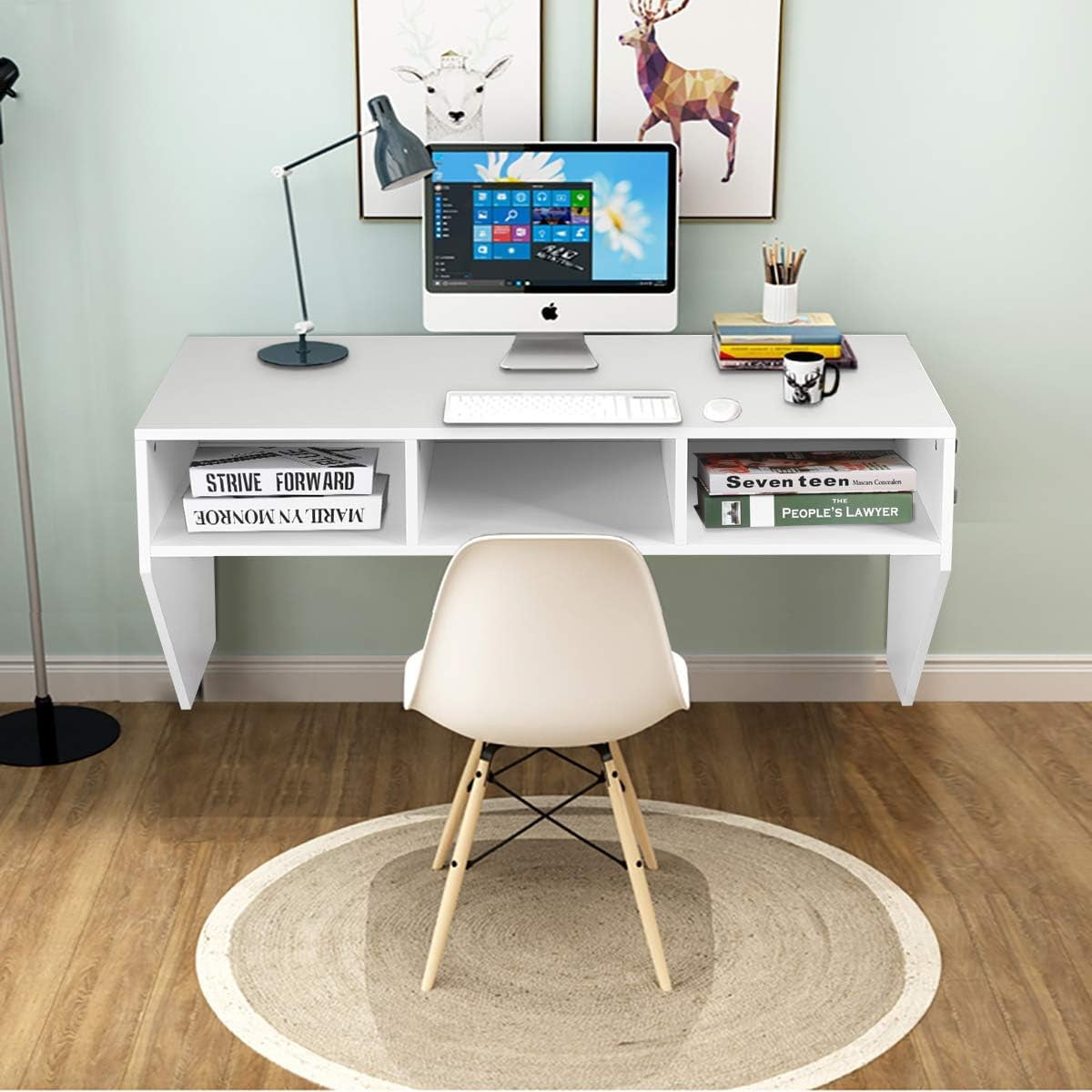 Gymax Computer Desk Wall Mounted Floating Table Home Office Shelf White