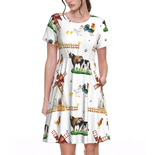 Balery Cute Farm Vestidos sueltos de manga corta para mujer, vestidos de verano 2025, vestidos casuales de corte A con vuelo.