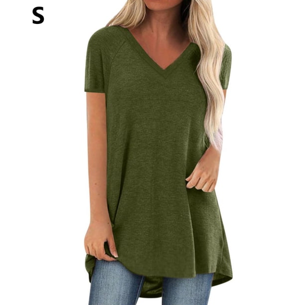 Camiseta casual con cuello en V superior para mujer, paño de verano suelto de lino y algodón, verde, S Scienceny AP001830-01