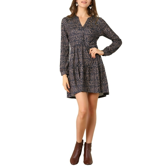 INSPIRE CHIC Women's V Neck Long Sleeves Cinched Waist Half Placket Floral Dress M Navy Blue-Brown
