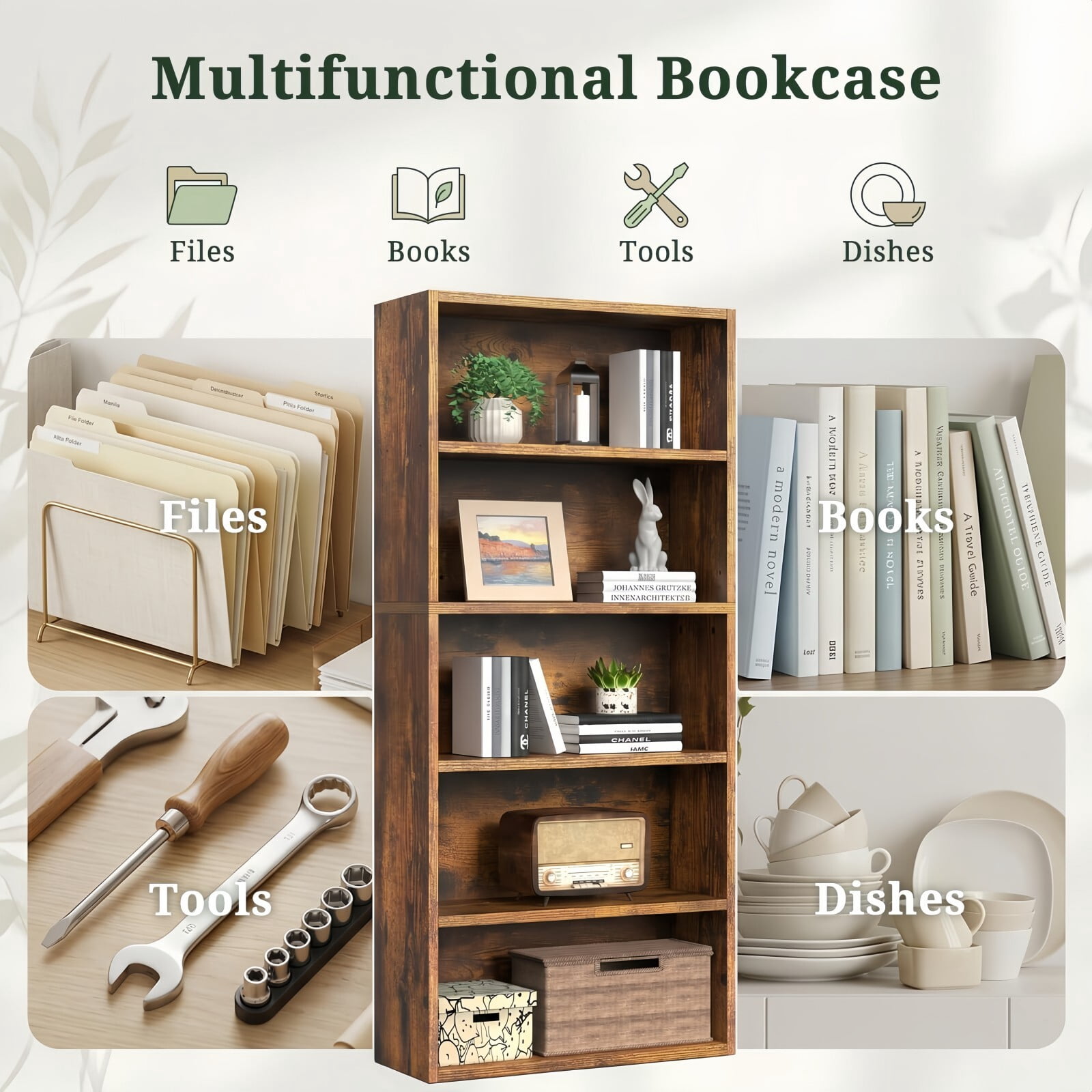 Kelno 5 Tier Vintage Bookshelf 53" Freestanding Wood Bookcase with Adjustable Shelf Anti-Tip Kit, Rust