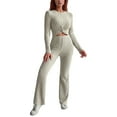 thumbnail image 2 of MAIHAN-Women's Fall Two Piece Outfits Asymmetrical Long Sleeve T Shirt Wide Leg Pants Lounge Sets for Women Casual Tracksuit,Long Sleeve Slightly Crop Top Wide Leg Pants Casual Sweatsuit(Beige,M), 2 of 8