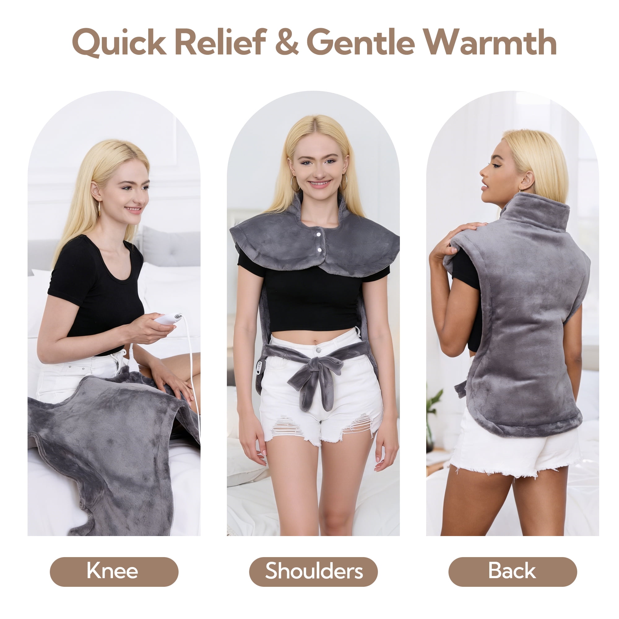 SUNNY HEAT Waist Long Back Electric Heating Pad 26x35 Inches, Electric Back Pain Relief, 5 Heat Settings with Auto Shut Off, Soft Flannel, Gray (1 Piece)