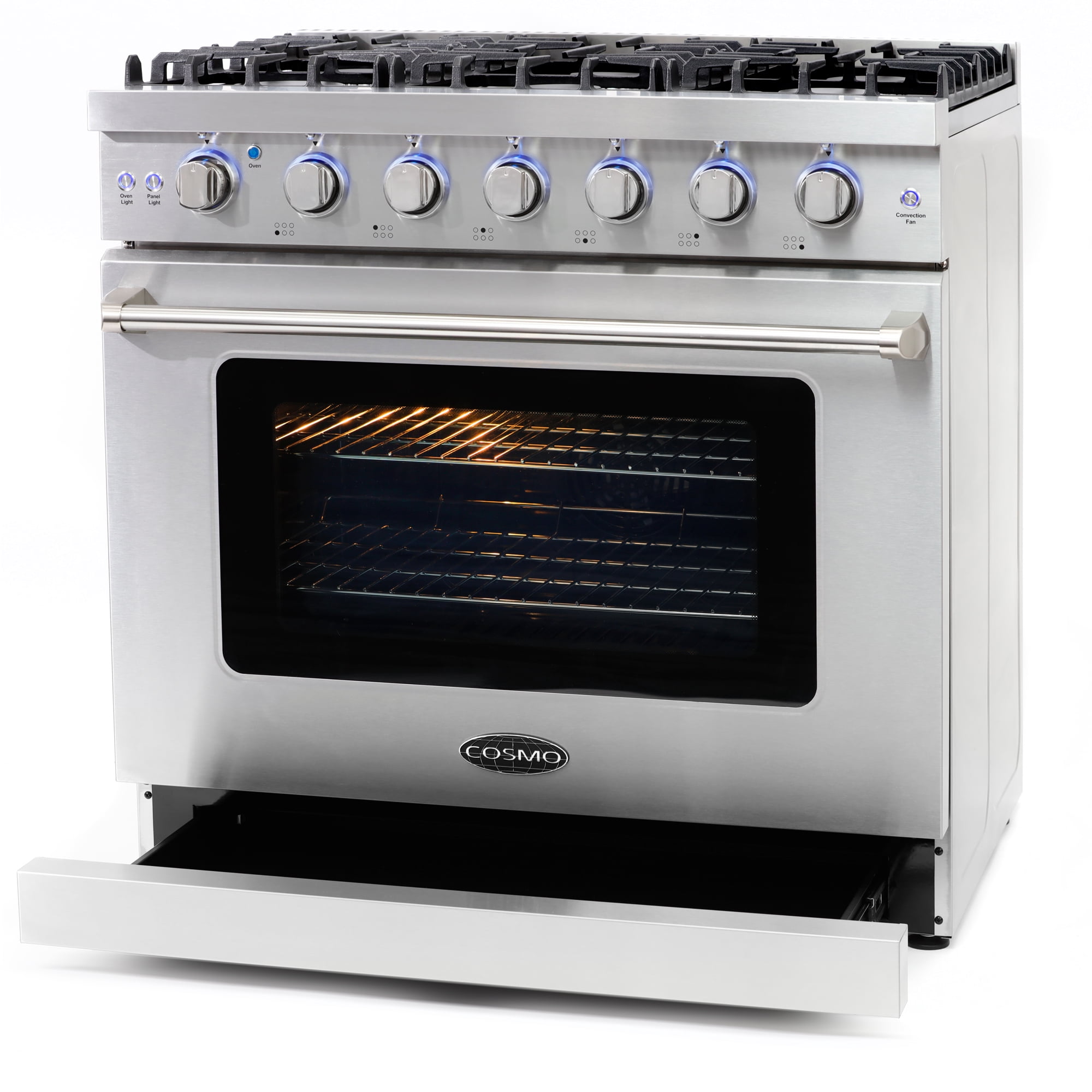 Cosmo 36 in. 6.0 cu. ft. Gas Range, 6 Burners, Convection Oven, Knob LEDs, Stainless Steel, Matte Black Handle Knob Kit