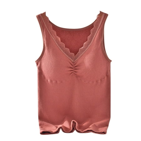 

QYZEU Woman Lingerie Women Solid Vest V Neck Lace Trim Padded Uundewear Vest Thermal Underwear Plus Velvet Base Warm Slim Shirts